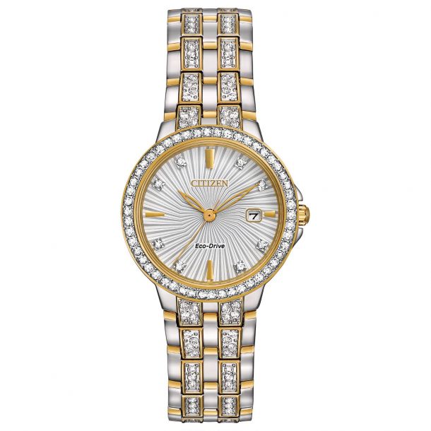 Ladies Citizen Eco Drive Two Tone Silhouette Crystal Watch Ew2344 57a Reeds Jewelers