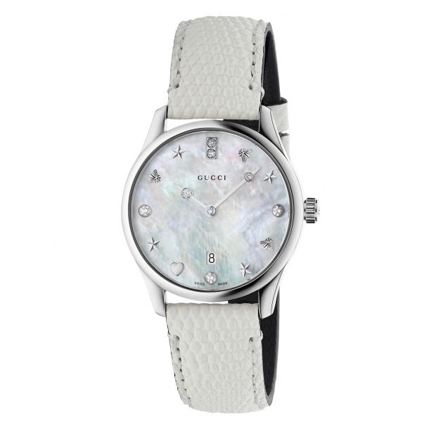 Ladies Gucci G Timeless Slim Diamond And Mother Of Pearl Leather Strap Watch Ya126597 Reeds Jewelers