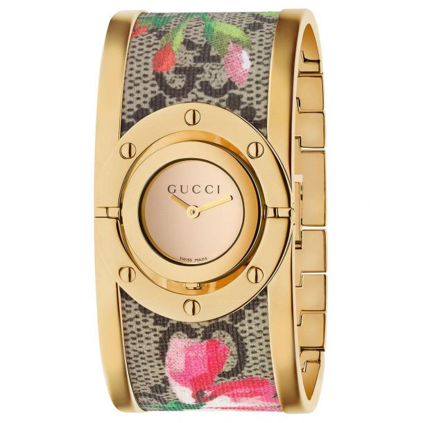 Ladies Gucci Swiss Twirl Gold Tone And Pink Blooms Canvas Bracelet Watch Ya112443 Reeds Jewelers
