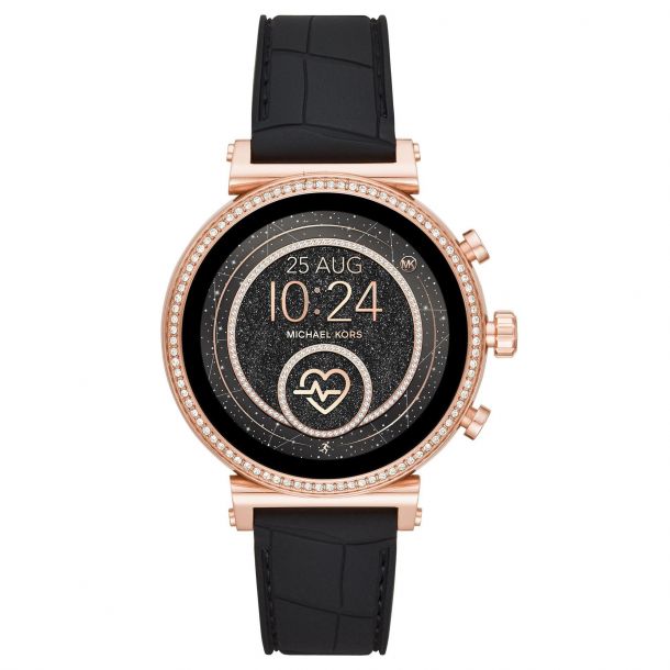 Ladies' Michael Kors Access Heart Rate Rose and Black Embossed Silicone Smartwatch REEDS Jewelers