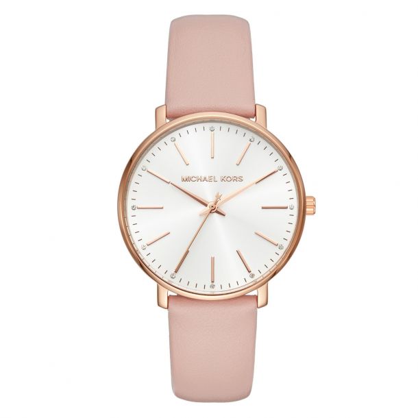 Ladies Michael Kors Pyper Gold Tone Pink Leather Strap Watch Mk2741 Reeds Jewelers