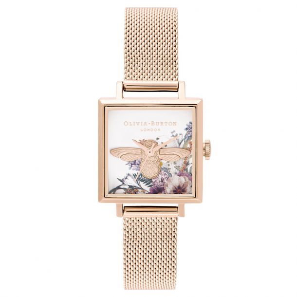 Ladies Olivia Burton Enchanted Garden Square Dial Rose Gold Tone Stainless Steel Mesh Bracelet Watch Ob16eg152 Reeds Jewelers