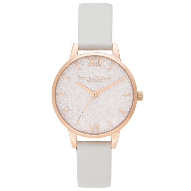 Ladies Olivia Burton Silver Glitter Dial Vegan Grey Leather Watch Ob16gd50 Reeds Jewelers