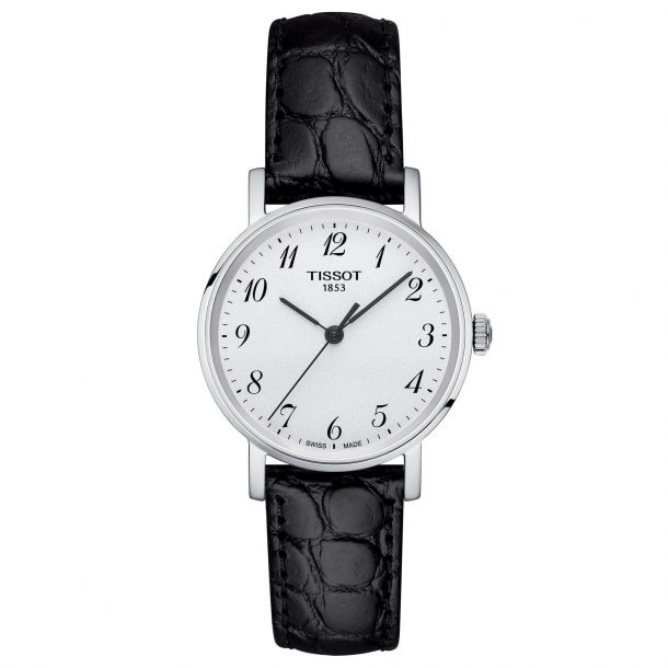 Ladies Tissot Everytime Small Silver Dial Black Leather Strap Watch T1092101603200 Reeds Jewelers