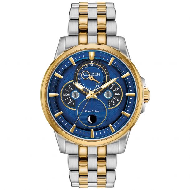 Men's Citizen Eco-Drive Calendrier Moon Phase Blue Dial Two-Tone Watch  BU0054-52L | REEDS Jewelers