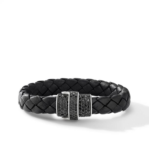 Men's David Yurman Woven Black Leather Bracelet With Pavé Black