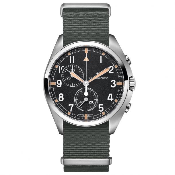 Men S Hamilton Khaki Aviation Pilot Pioneer Chrono Quartz Grey Nato Strap Watch H76522931 Reeds Jewelers