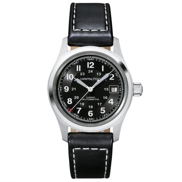 Men S Hamilton Khaki Field Auto Black Leather Strap Watch H70455733 Reeds Jewelers