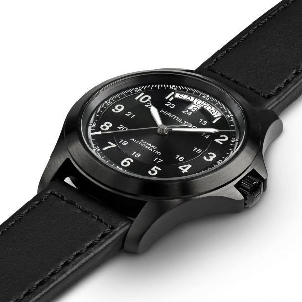 Men S Hamilton Khaki Field King Automatic Black Leather Strap Watch H64465733 Reeds Jewelers