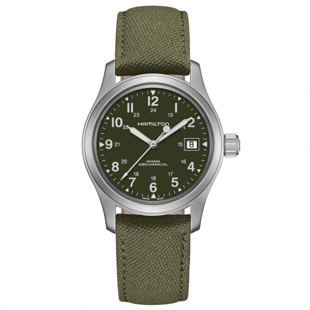 Men S Hamilton Khaki Field Mechanical Green Canvas Strap Watch H69439363 Reeds Jewelers
