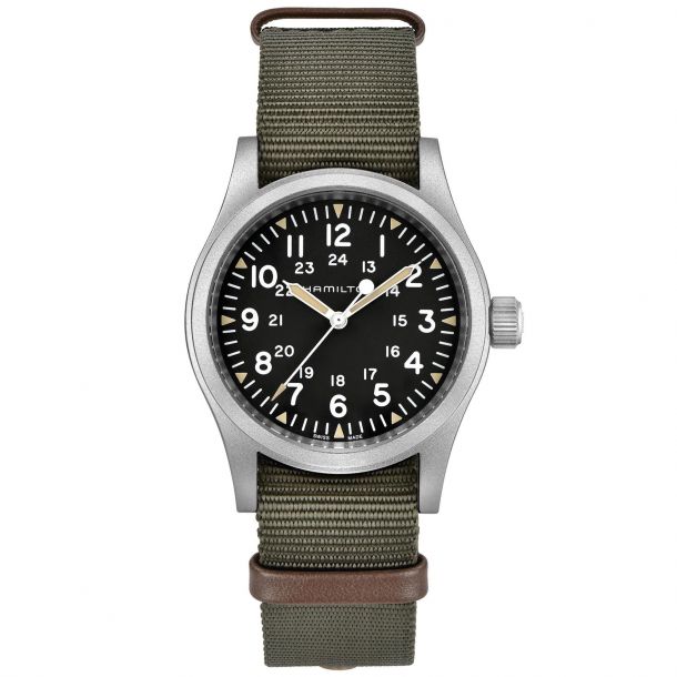 Men S Hamilton Khaki Field Mechanical Green Nato Strap Watch H69429931 Reeds Jewelers