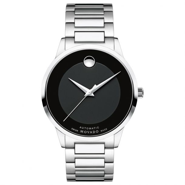Men S Movado Modern Classic Black Dial Stainless Steel Watch 0607132 Reeds Jewelers