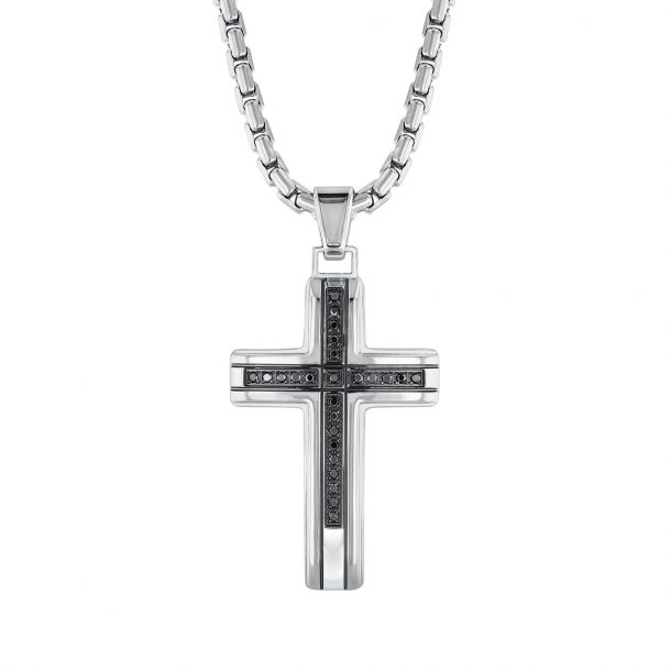 Men's Stainless Steel and Black Diamond Cross Pendant Necklace 1/4ctw ...