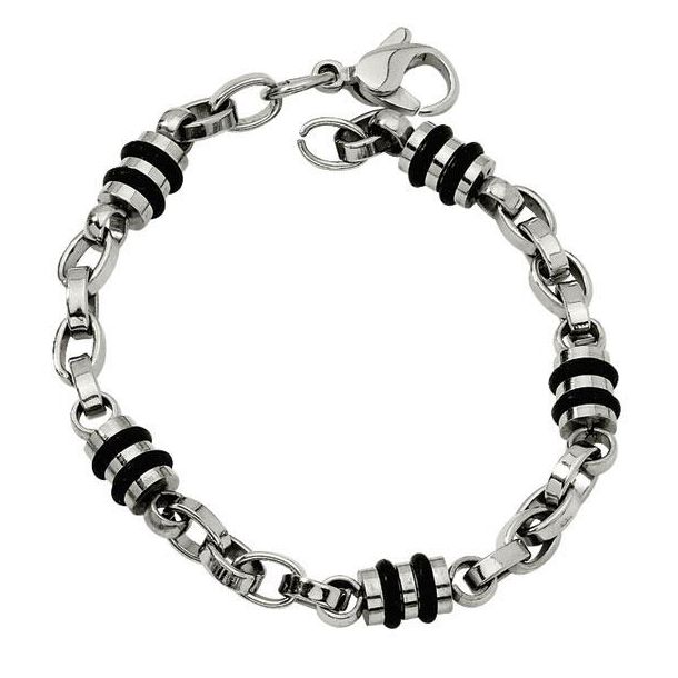 Stainless Steel Rubber Accent Barrel Link 8in Bracelet Stainless Steel Rubber Accent Barrel Link 8in Bracelet
