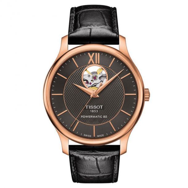 Men's Tissot Tradition Powermatic 80 Open Heart Black Leather Strap Watch  T0639073606800 | REEDS Jewelers