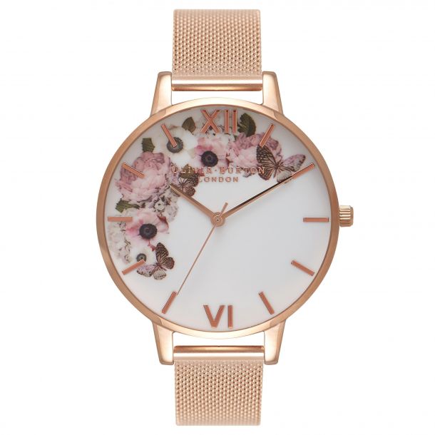 Olivia Burton Signature Floral Rose Gold Ion Plated Mesh Stainless Steel Bracelet Watch Ob16wg18 Reeds Jewelers