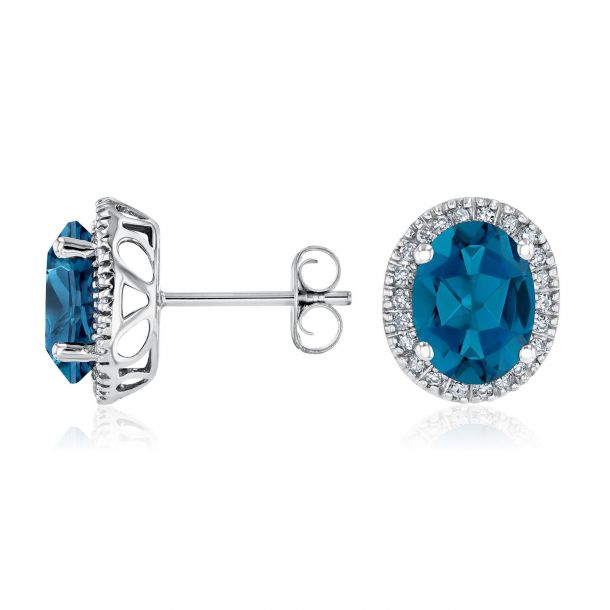 Oval London Blue Topaz and Diamond White Gold Stud Earrings 1/6ctw Oval London Blue Topaz and Diamond White Gold Stud Earrings 1/6ctw