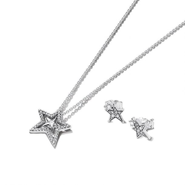 Pandora Sparkling Asymmetric Star Necklace And Earring T Set Reeds Jewelers