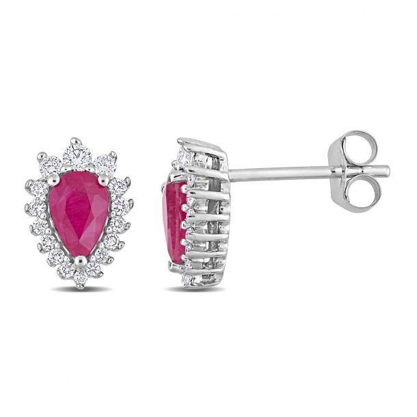 Pear Ruby and 1/4ctw Diamond White Gold Stud Earrings