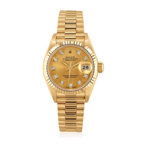 Previously Owned Rolex Oyster Perpetual President Lady-Datejust 26 Yellow Gold smartwatch | Champagne Diamond Dial | 26mm | R691788B8