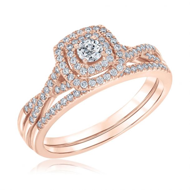 Ellaura Blush Round Diamond Double Cushion Halo Rose Gold Engagement and Wedding Ring Bridal Set 1/2ctw