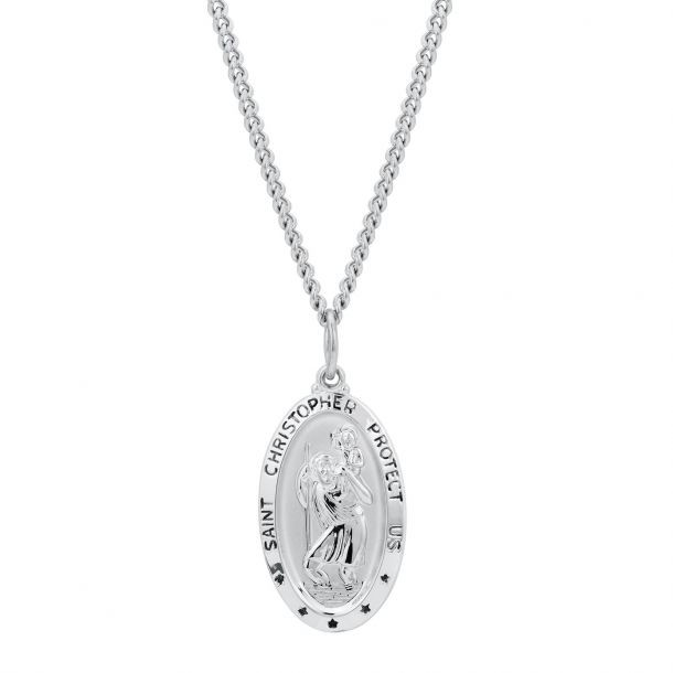 St CHRISTOPHER Necklace Silver Plated Charm Pendant and Chain Travel Saint 