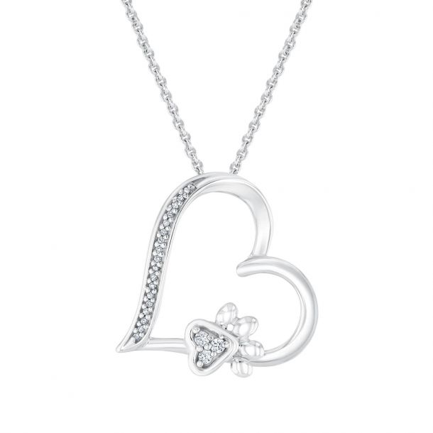 Sterling Silver Heart and Paw Print Diamond Pendant Necklace 1/15ctw
