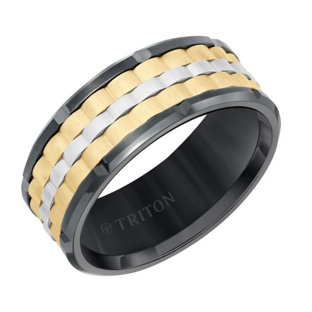Security Jewelers Tungsten 8mm Ridged Band with Black PVD Size 13 Ring Size 13