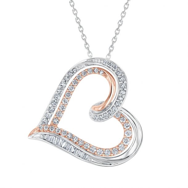 Two-Tone Silver Micro Pave Crystal Double Heart Pendant Necklace 18" Gift Box S3