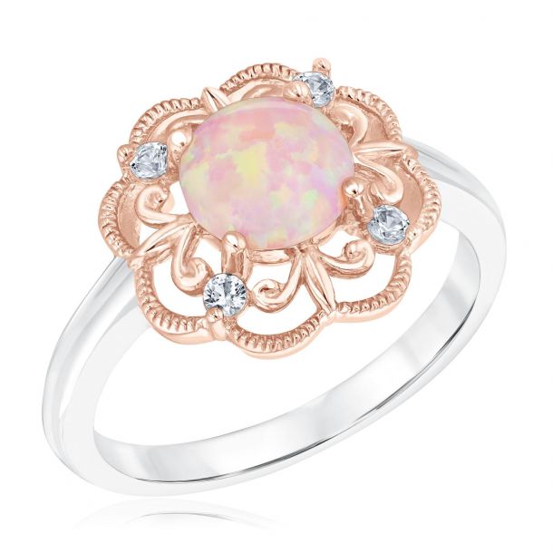 Vintage Pink Opal Oval Ring with Leaf Details Size 7.5