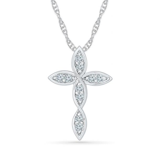 White Gold and Diamond Marquise Cross Pendant Necklace 1/8ctw REEDS