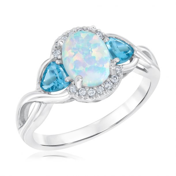 White Gold Opal, Blue Topaz, and Diamond Ring 1/15ctw | REEDS Jewelers