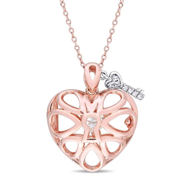 NeW 18K Rose Gold Filled Filigree Heart Pendant Necklace With Crystal 