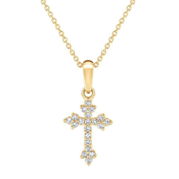 Yellow Gold Diamond Mini Cross Pendant Necklace 1/10ctw