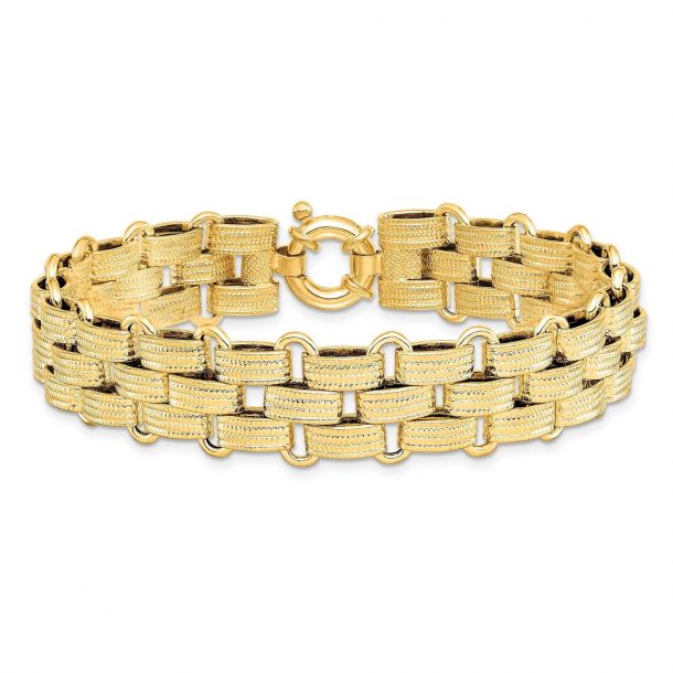 Yellow Gold Fancy Basket Weave Link Bracelet 15mm 8 Inches REEDS
