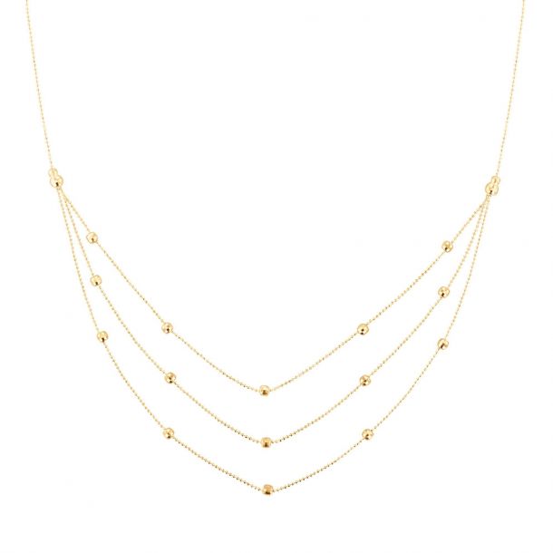 Yellow Gold Triple Layered Beaded Necklace