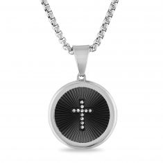 1/10ctw Diamond Stainless Steel Cross Disc Pendant Necklace | Men's
