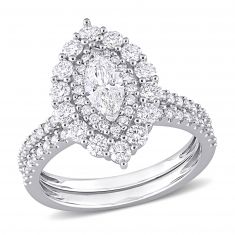 1 1/2ctw Marquise Diamond Double Halo White Gold Engagement and Wedding Ring Set - Size 7