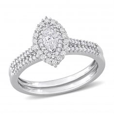 1/2ctw Marquise Diamond Double Halo White Gold Engagement and Wedding Ring Set - Size 7