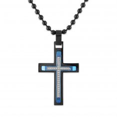 1/7ctw Diamond Black and Blue Ion-Plated Stainless Steel Cross Pendant Necklace | Men's