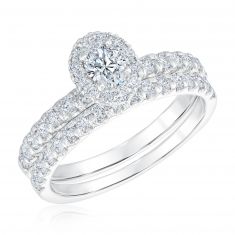 1ctw Oval Diamond Halo White Gold Engagement and Wedding Ring Set | Couture