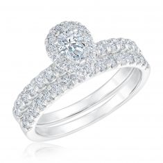 1ctw Pear Diamond Halo White Gold Engagement and Wedding Ring Set | Couture