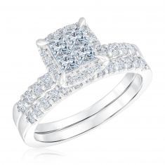 1ctw Princess Diamond Halo White Gold Engagement and Wedding Ring Bridal Set | Harmony
