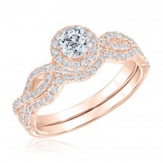 1ctw Round Diamond Halo Twist Rose Gold Engagement Ring and Wedding Band Bridal Set | Blush