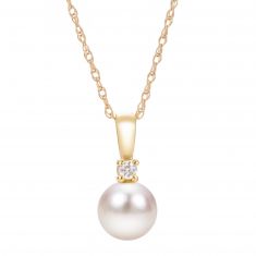 6.5-7mm Freshwater Cultured Pearl and Diamond Yellow Gold Pendant Necklace 1/20ct