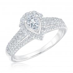 7/8ctw Pear Halo Diamond Triple Band White Gold Engagement Ring | Couture
