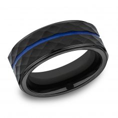 Benchmark Faceted Black Cobalt with Thin Blue Line Center Band | 8mm