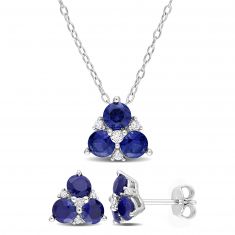 Created Blue Sapphire and Created White Sapphire Sterling Silver Earrings and Pendant Necklace Gift Set