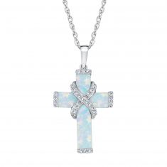 Created Opal and Created White Sapphire Cross Sterling Silver Pendant Necklace