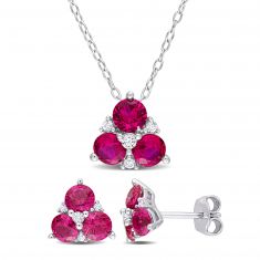 Created Ruby and Created White Sapphire Sterling Silver Earrings and Pendant Necklace Gift Set